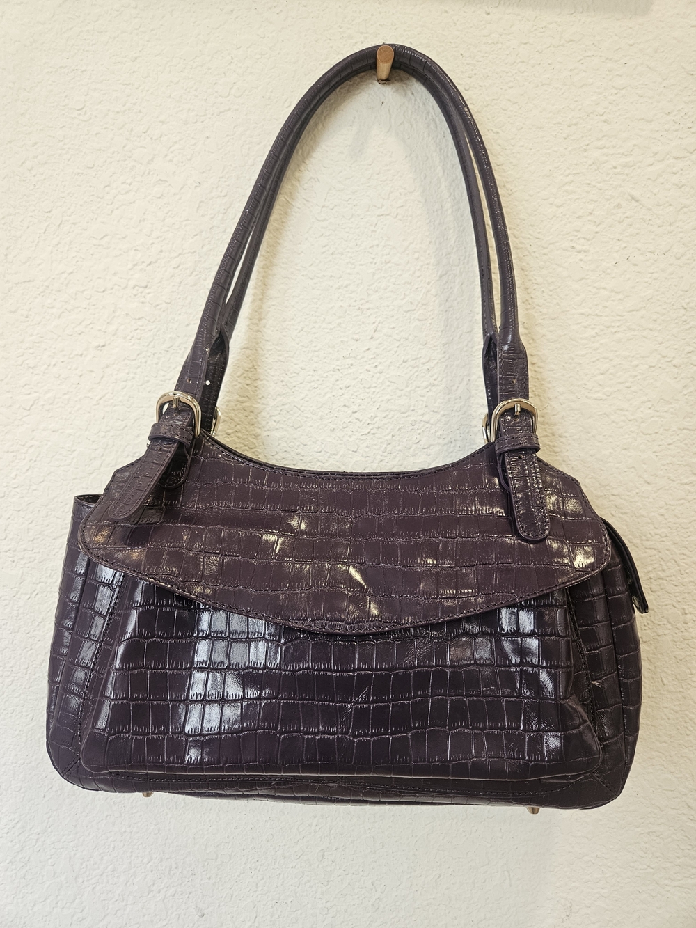 Maxx NY Purple Crocodile Textured Leather Flap Shoulder Bag Vintage